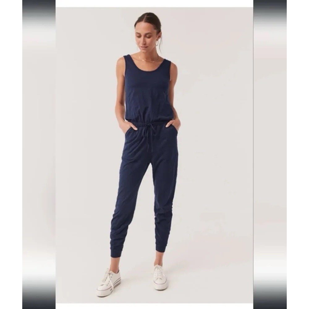 Pact Organic Cotton Jumpsuit Womens L Navy Sleeveless Scoop Neck Jogger Pockets
